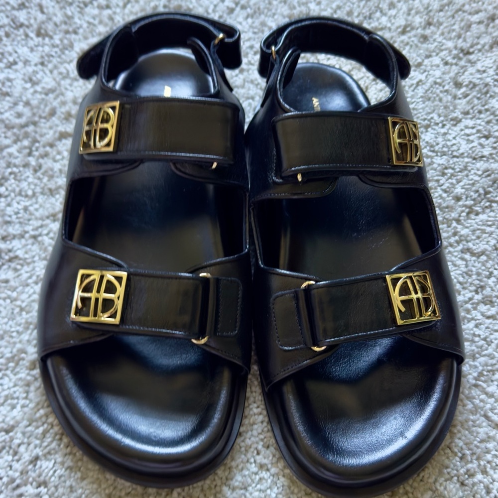 ❤️ ANINE BING LOGO MONOGRAM DAD SANDALS ADJUSTABLE TWO STRAP VEGAN LEATHER
